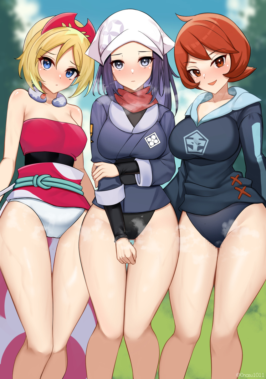 3girls :d akari_(pokemon) arezu_(pokemon) arm_under_breasts black_swimsuit blonde_hair blue_eyes blue_hair blue_shirt blue_sky blue_swimsuit blush breasts breath censored closed_mouth dark_blue_hair day grass grey_eyes hair_ornament head_scarf highres holding_own_arm irida_(pokemon) large_breasts long_hair long_sleeves looking_at_viewer medium_breasts mosaic_censoring multiple_girls nassss no_pants open_mouth pokemon pokemon_(game) pokemon_legends:_arceus red_eyes red_hair red_scarf red_shirt scarf shirt short_hair side-by-side sky sleeveless sleeveless_shirt smile standing swimsuit swimsuit_under_clothes thigh_gap thighs tree white_headwear white_swimsuit