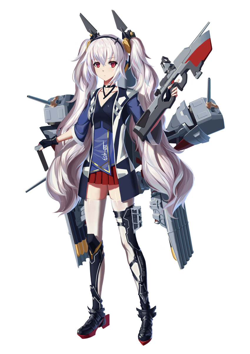 1girl absurdres alternate_costume asymmetrical_legwear azur_lane black_choker black_footwear blue_jacket boots character_name choker eyebrows_visible_through_hair fingerless_gloves full_body gloves highres holding holding_weapon jacket kaiser_aki laffey_(azur_lane) long_hair looking_at_viewer miniskirt pleated_skirt red_eyes red_skirt rigging rudder_footwear simple_background skirt sleeveless sleeveless_jacket solo thighhighs torpedo torpedo_launcher torpedo_tubes turret twintails very_long_hair weapon white_background white_hair white_legwear zettai_ryouiki