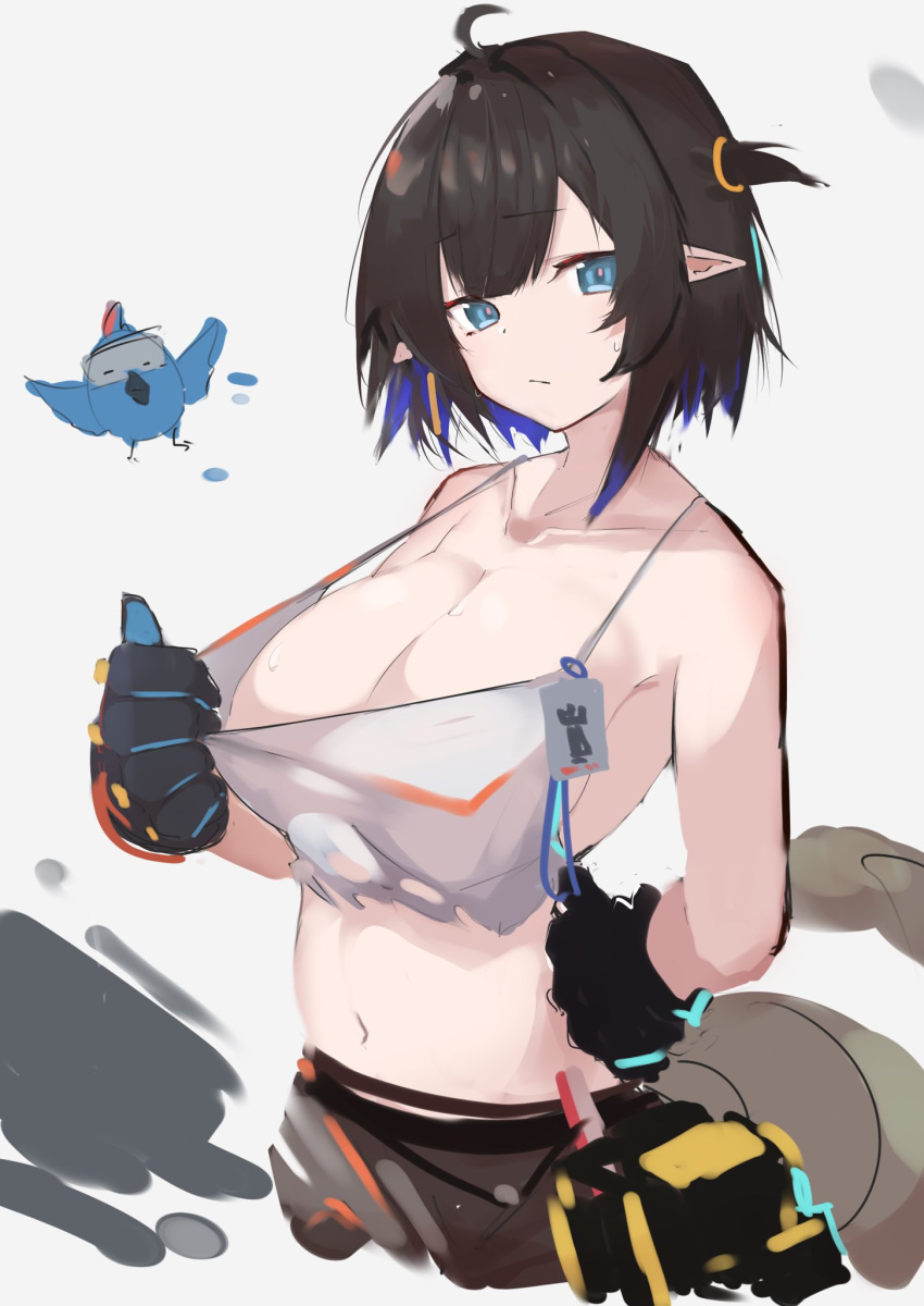 1girl ahoge arknights asususususu black_gloves blue_eyes blue_hair breasts brown_hair brown_shorts cleavage collarbone crop_top eunectes_(arknights) eunectes_(forgemaster)_(arknights) eyebrows_visible_through_hair gloves hand_on_hip high_priest_(arknights) highres id_card large_breasts looking_at_viewer midriff multicolored_hair navel official_alternate_costume pointy_ears pulled_by_self rhodes_island_logo shirt shirt_tug short_hair shorts simple_background sketch snake_tail solo_focus streaked_hair tail upper_body white_background white_shirt