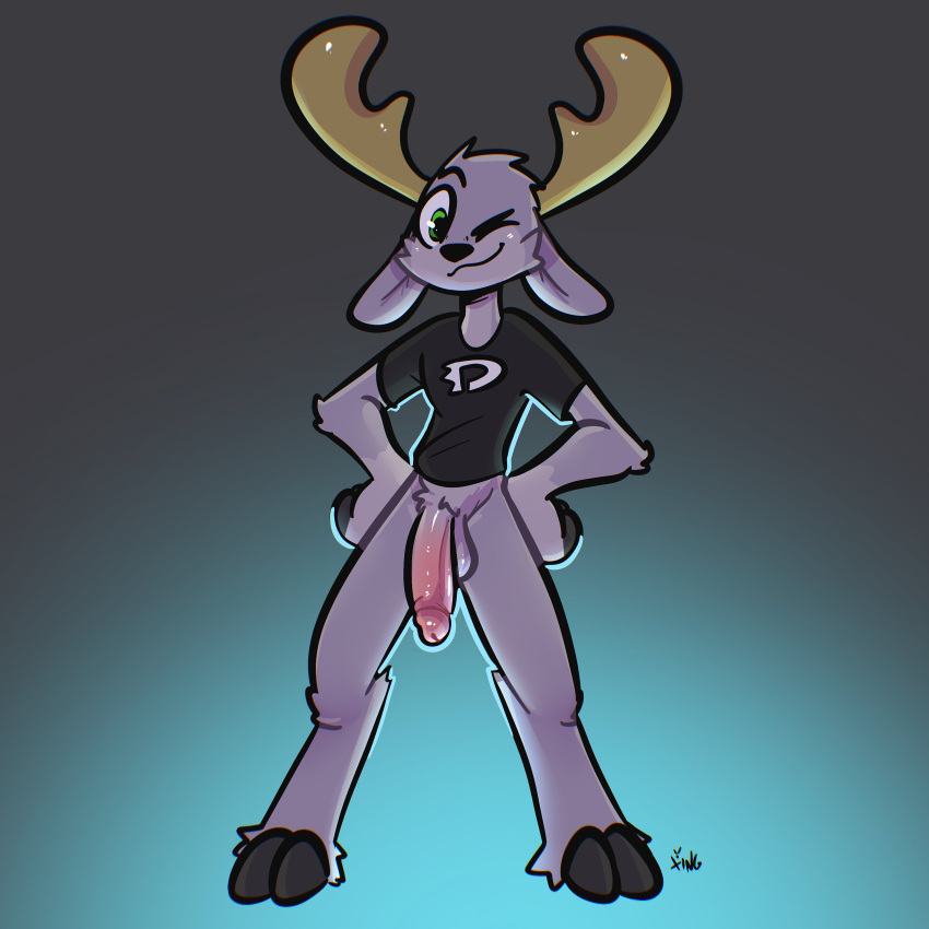 absurd_res anthro antlers balls big_penis bottomless bottomless_anthro bottomless_male cervid clothed clothing danny_phantom elbow_tufts fur genitals gradient_background grey_body grey_fur hands_on_hips hi_res hooves horn huge_penis male mammal nickelodeon one_eye_closed penis pubes shirt simple_background smile solo t-shirt the_xing1 topwear wink