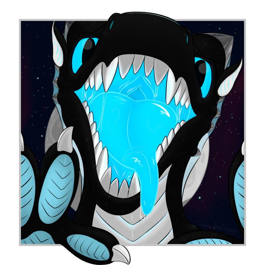 1:1 blue_eyes blue_flesh blue_tongue bodily_fluids carbonicedragon claws dragon feral first_person_view glowing glowing_flesh hi_res imminent_vore looking_at_viewer male male_pred mouth_shot night night_sky open_mouth reaching_towards_viewer saliva scalie solo teeth tongue tongue_out vore western_dragon