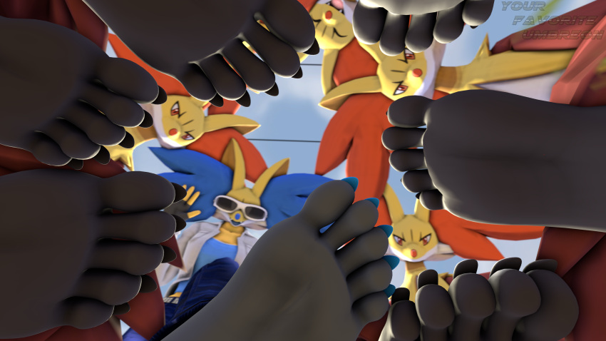 3d_(artwork) absurd_res ambiguous_gender anthro black_body blue_body blue_fur blue_toenails delphox digital_media_(artwork) eyewear fan_character feet feet_everywhere female first_person_view foot_focus fur group hi_res humanoid_feet imminent_stomp looking_at_viewer low-angle_view nintendo orange_body orange_fur pok&eacute;mon pok&eacute;mon_(species) red_body red_fur simple_background sunglasses trampling umbreonthewhovian video_games waving_at_viewer white_background worm's-eye_view yellow_body yellow_fur
