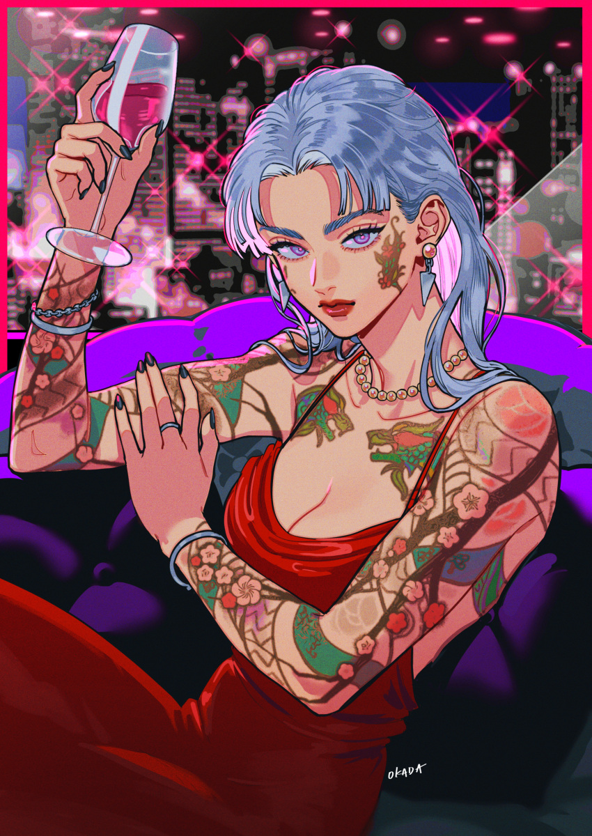 1girl absurdres alcohol arm_tattoo bangs black_nails bracelet breasts cityscape cleavage commission cup dress drinking_glass earrings facial_tattoo hand_on_own_arm highres holding holding_cup jewelry lips long_hair looking_at_viewer nail_polish necklace okada_(hoooojicha) original parted_bangs purple_eyes red_dress red_lips ring sitting skeb_commission solo tattoo white_hair wine wine_glass
