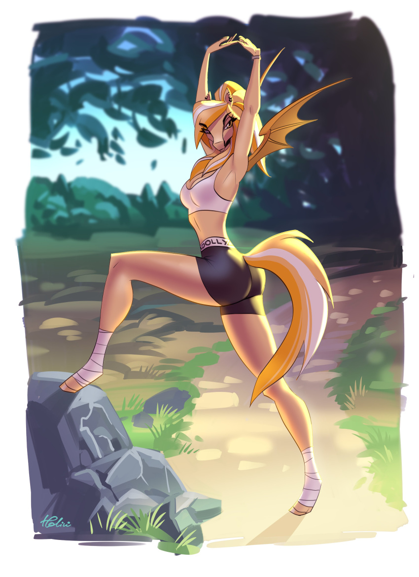absurd_res anthro athletic athletic_female bat_pony bottomwear bra breasts clothing ear_piercing ear_ring equid eyebrow_through_hair eyebrows eyelashes female hair hasbro hi_res holivi leg_wraps looking_at_viewer mammal membrane_(anatomy) membranous_wings midriff multicolored_hair my_little_pony outside piercing rock shorts solo sports_bra translucent translucent_hair two_tone_hair underwear wings wraps wristband