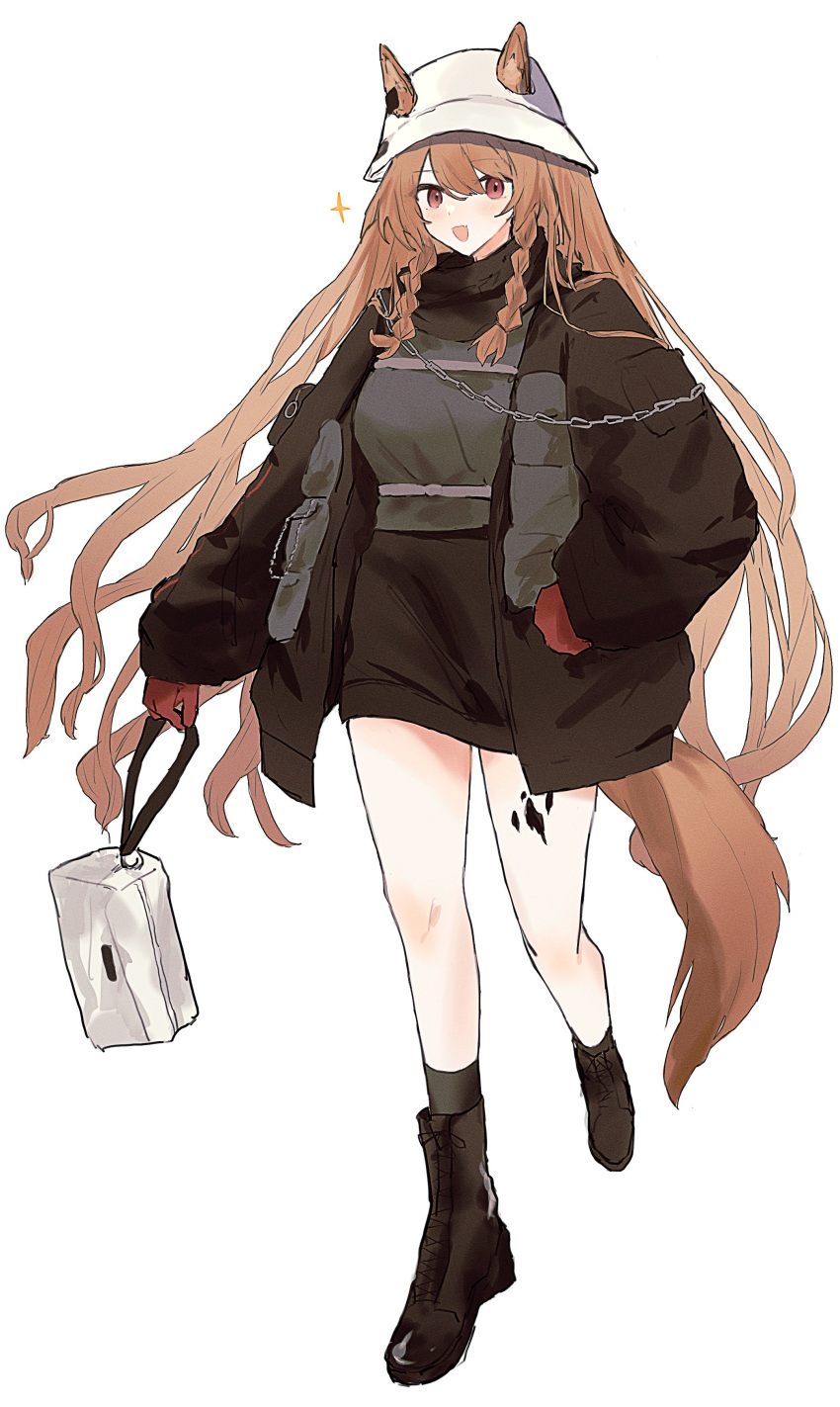 1girl :d absurdres animal_ears arknights bag black_footwear black_jacket black_scarf black_shirt black_skirt blush boots braid brown_hair ceobe_(arknights) ceobe_(unfettered)_(arknights) dog_ears dog_girl dog_tail ears_through_headwear full_body gloves hair_between_eyes hat highres holding holding_bag jacket kohaku_sogo long_hair looking_at_viewer official_alternate_costume open_clothes open_jacket oripathy_lesion_(arknights) red_gloves scarf shirt side_braids simple_background skirt smile solo sparkle tail very_long_hair white_background white_headwear