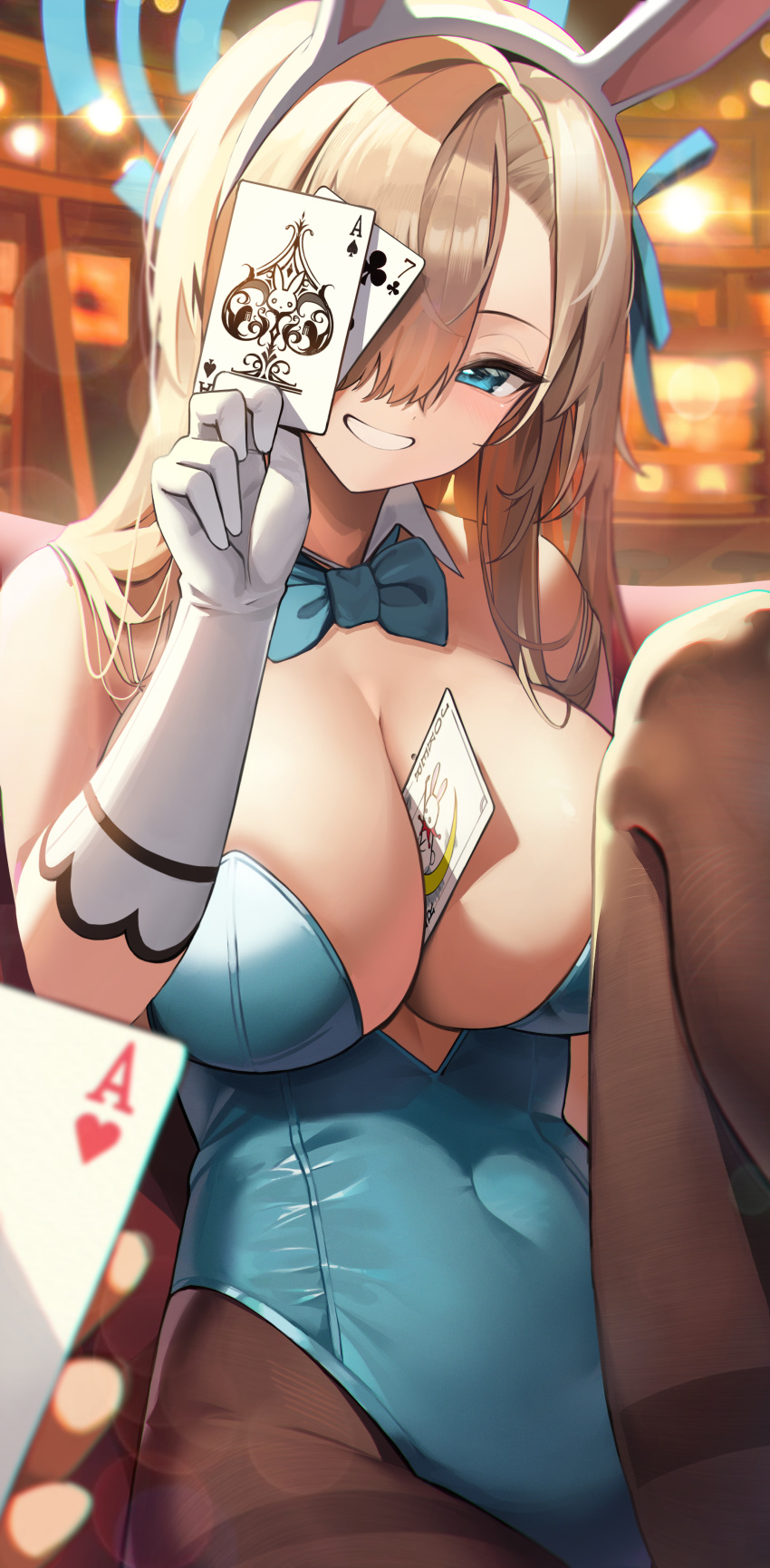 1girl absurdres animal_ears asuna_(blue_archive) bangs bare_shoulders between_breasts black_legwear blue_archive blue_bow blue_eyes blue_neckwear blurry blush bow bowtie breasts brown_hair card cleavage detached_collar fake_animal_ears gloves grin hair_over_one_eye highres holding holding_card hutosutoro large_breasts leotard long_hair looking_at_viewer mole mole_on_breast pantyhose playboy_bunny playing_card rabbit_ears sitting smile solo strapless strapless_leotard white_gloves white_leotard wrist_cuffs