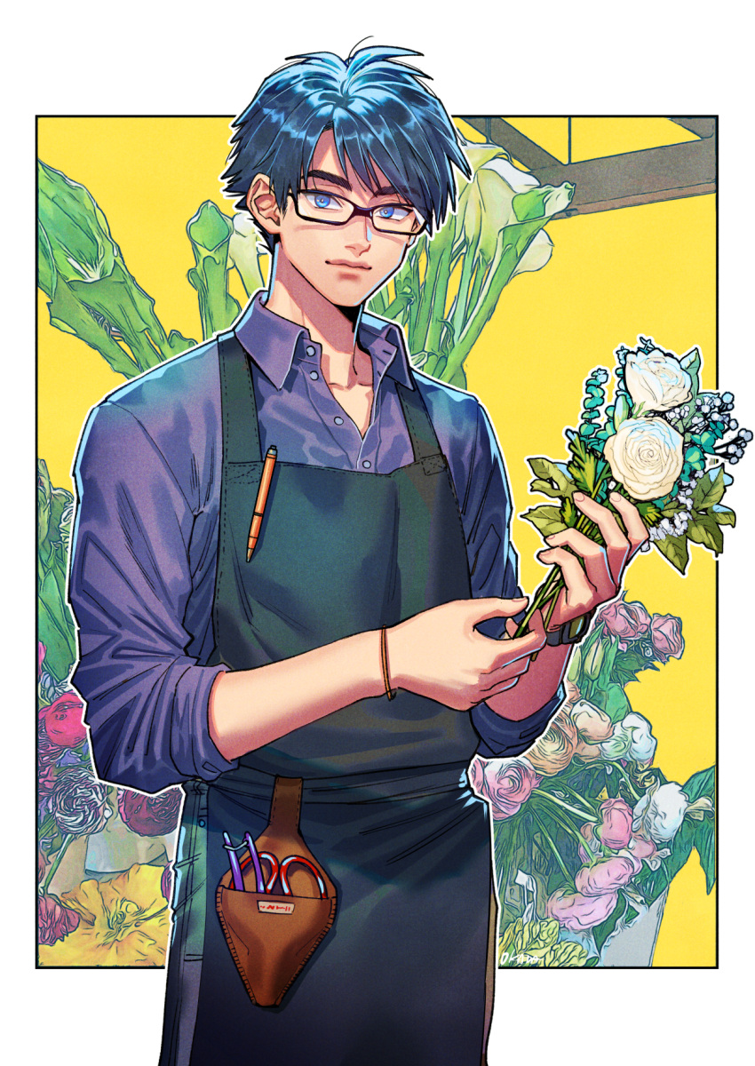 1boy apron black_hair blue_eyes bouquet bracelet collared_shirt commission flower glasses highres holding holding_flower jewelry male_focus okada_(hoooojicha) original outside_border pen shirt skeb_commission sleeves_rolled_up smile solo tsurime watch