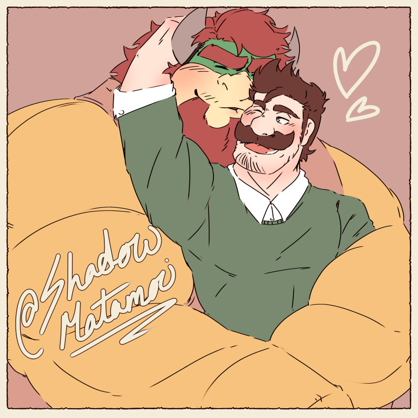 &lt;3 absurd_res anthro beard big_muscles blush bowser brown_hair clothing duo embrace eyes_closed facial_hair green_body hair hi_res holding_partner horn hug human human_on_anthro imminent_kiss interspecies intimate koopa larger_anthro luigi male male/male mammal mario_bros multicolored_body muscular muscular_anthro muscular_male mustache nintendo open_mouth red_hair romantic romantic_couple scalie shadowmatamori shirt signature size_difference smaller_human sweater tank_top topwear video_games yellow_body