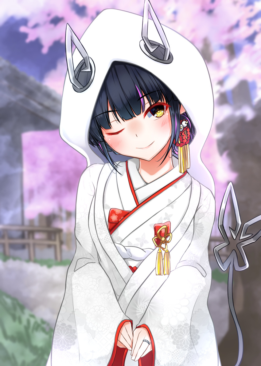 1girl alternate_costume alternate_hairstyle bangs black_hair blunt_bangs blurry blurry_background blush breasts bride cherry_blossoms closed_mouth commentary_request cowboy_shot dameyoshi demon_girl demon_horns demon_tail eyebrows_visible_through_hair highres hood horns japanese_clothes jewelry kimono kojo_anna looking_at_viewer medium_breasts multicolored_hair one_eye_closed outdoors purple_hair ring short_hair smile solo sugar_lyric tail two-tone_hair uchikake virtual_youtuber white_kimono yellow_eyes