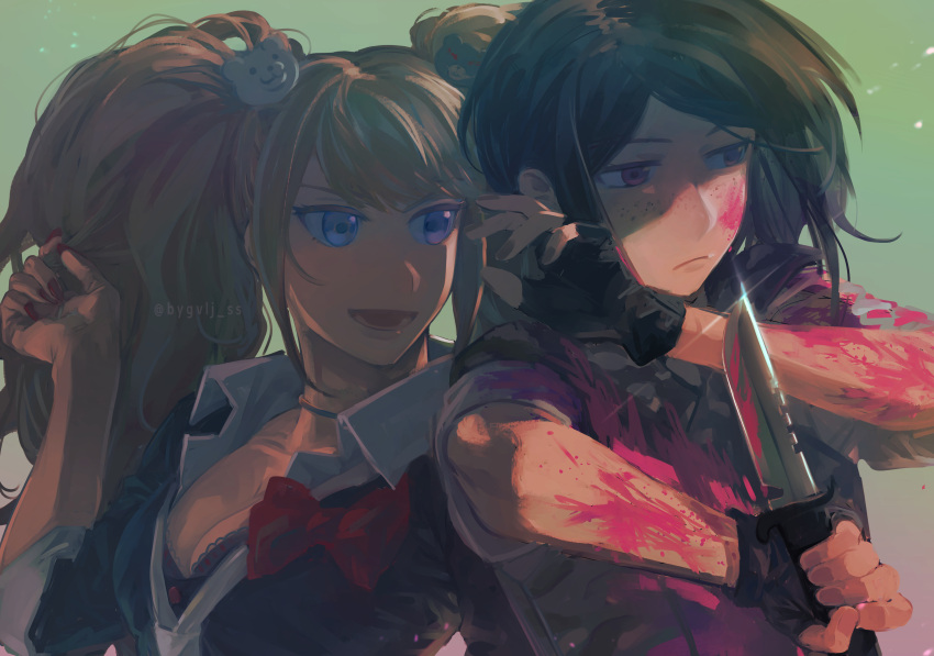 2girls :d absurdres artist_name bangs bear_hair_ornament black_gloves black_hair black_shirt blood blood_on_arm blood_on_face blue_eyes bow breasts choker cleavage collared_shirt commentary_request danganronpa:_trigger_happy_havoc danganronpa_(series) enoshima_junko fingerless_gloves freckles gloves hair_ornament hand_up highres holding holding_knife ikusaba_mukuro knife large_breasts long_hair lower_teeth multiple_girls pink_blood red_bow red_nails shirt short_hair siblings sisters smile teeth twins twintails un_no_saku upper_body
