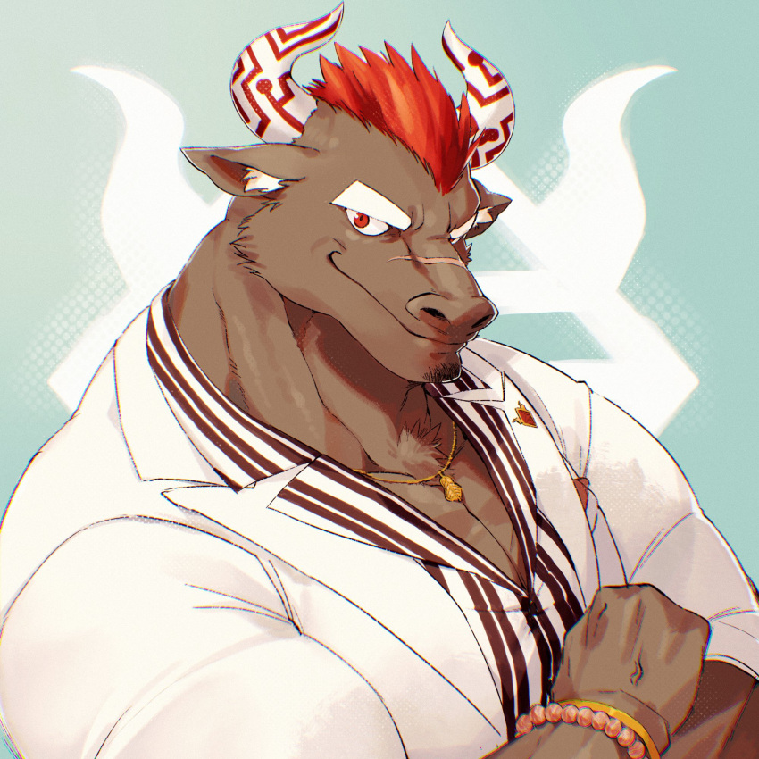 animal_ears bara bracelet brown_fur commentary cow_ears cow_horns facial_hair formal furry furry_male goatee gyumao_(housamo) highres horns jewelry jinnai10 large_pectorals male_focus mature_male minotaur mohawk muscular muscular_male necklace pectoral_cleavage pectorals red_hair shirt short_hair smile striped striped_shirt suit tokyo_afterschool_summoners white_suit