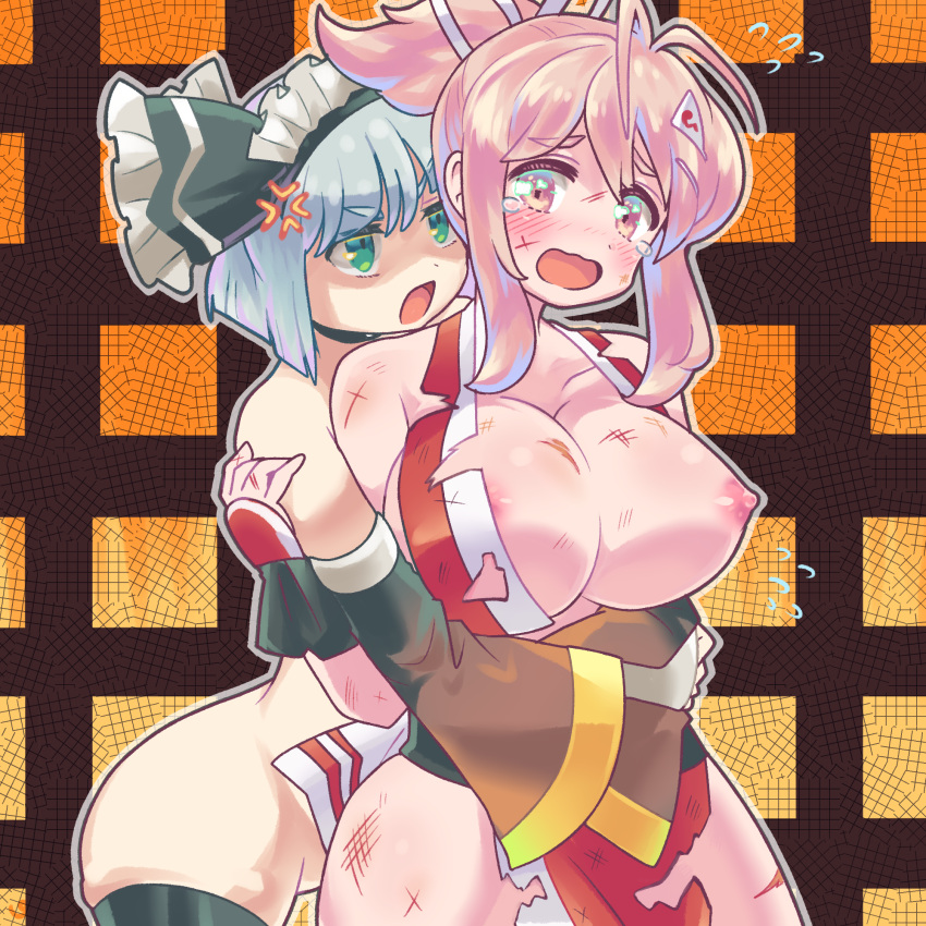 2girls anger_vein angry black_legwear breasts choker commission commissioner_upload cosplay detached_sleeves eyebrows_visible_through_hair green_eyes grey_hair highres holding iroha_(samurai_spirits) iroha_(samurai_spirits)_(cosplay) konpaku_youmu konpaku_youmu_(ghost) large_breasts maid_headdress multiple_girls nude one_breast_out open_mouth pink_hair pmx saigyouji_yuyuko samurai_spirits scratches shiranui_mai shiranui_mai_(cosplay) short_hair shouji silver_hair skeb_commission sliding_doors tears textless thighhighs torn_clothes touhou