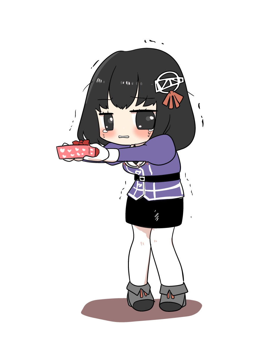 1girl black_hair black_skirt brown_eyes chibi commentary_request crying crying_with_eyes_open gift gloves haguro_(kancolle) haguro_kai_ni_(kancolle) hair_ornament highres kantai_collection lr_hijikata military military_uniform pantyhose pencil_skirt purple_shirt scared shirt short_hair simple_background skirt solo tears trembling uniform white_background white_gloves white_legwear