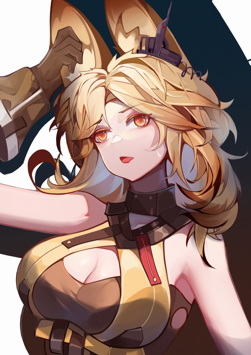 1girl absurdres animal_ears arknights bangs bare_shoulders blonde_hair breasts brown_gloves cat_ears chinese_commentary cleavage cleavage_cutout clothing_cutout commentary_request earpiece eyebrows_visible_through_hair gloves gradient gradient_background hand_on_ear highres large_breasts long_hair looking_at_viewer open_mouth orange_eyes parted_lips quercus_(arknights) sleeveless solo sweatdrop underbust upper_body vsa_(xmj173178)