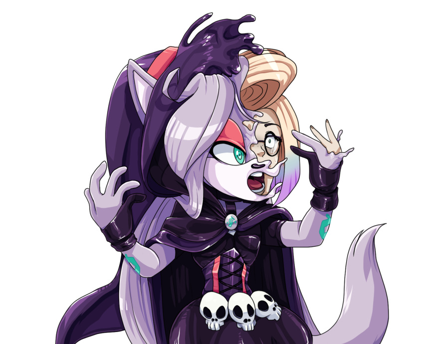 anthro blonde_hair blue_eyes domestic_cat fan_character felid feline felis female forced forced_transformation goo_transformation hair hi_res human looking_at_self magic_user mammal purple_body purple_hair rubber scittykitty sega simple_background solo sonic_the_hedgehog_(series) surprise surprised_expression transformation witch