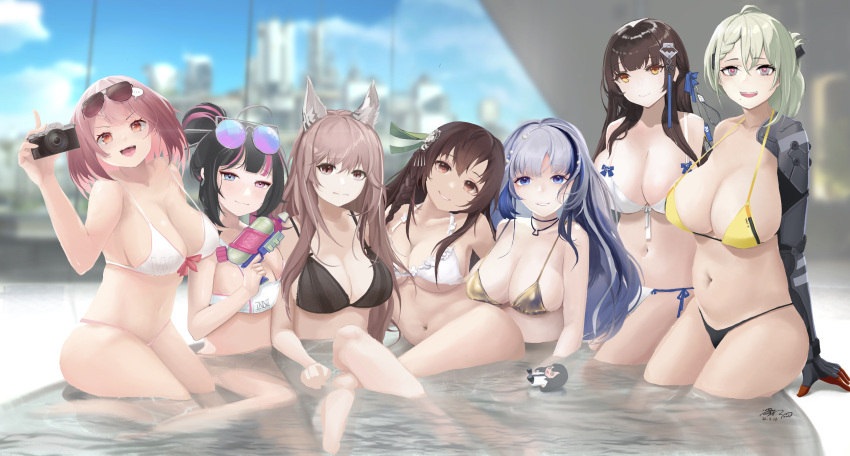 6+girls absurdres animal_ear_fluff animal_ears arms_behind_back artist_name bangs bare_shoulders bikini black_bikini black_hair black_swimsuit blue_eyes blue_hair blush braid breasts brown_eyes brown_hair camera cleavage closed_mouth collarbone de_lacey_(girls'_frontline_nc) earrings eyebrows_visible_through_hair eyewear_on_head girls'_frontline girls'_frontline_neural_cloud gold_bikini gold_swimsuit green_hair grey_eyes hair_bun hair_ornament hair_ribbon hairclip hand_on_floor heterochromia highres holding holding_camera holding_water_gun hubble_(girls'_frontline_nc) jewelry large_breasts legs light_blue_eyes light_brown_eyes long_hair looking_at_viewer mechanical_arms medium_breasts medium_hair mole mole_under_mouth multicolored_eyes multicolored_hair multiple_girls navel necklace on_water onsen open_mouth orange_eyes persicaria_(girls'_frontline_nc) pink_eyes pink_hair pool red_eyes ribbon single_mechanical_arm sitting smile standing star-shaped_pupils star_(symbol) swimsuit symbol-shaped_pupils teeth thighs type_64_(girls'_frontline) type_95_(girls'_frontline) upper_teeth vee_(girls'_frontline_nc) vinsentyu water_gun white_bikini white_swimsuit willow_(girls'_frontline_nc) yellow_bikini yellow_swimsuit