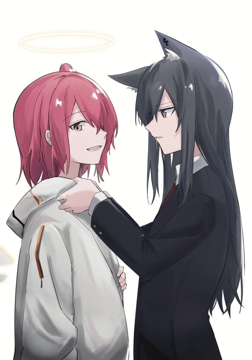 2girls alternate_hair_length alternate_hairstyle animal_ear_fluff animal_ears arknights black_hair black_jacket chinese_commentary commentary_request detached_wings ear_piercing energy_wings exusiai_(arknights) eyebrows_visible_through_hair halo hibioes highres jacket long_hair medium_hair multiple_girls open_mouth orange_eyes parted_lips piercing red_hair side_ponytail texas_(arknights) white_jacket wings wolf_ears wolf_girl