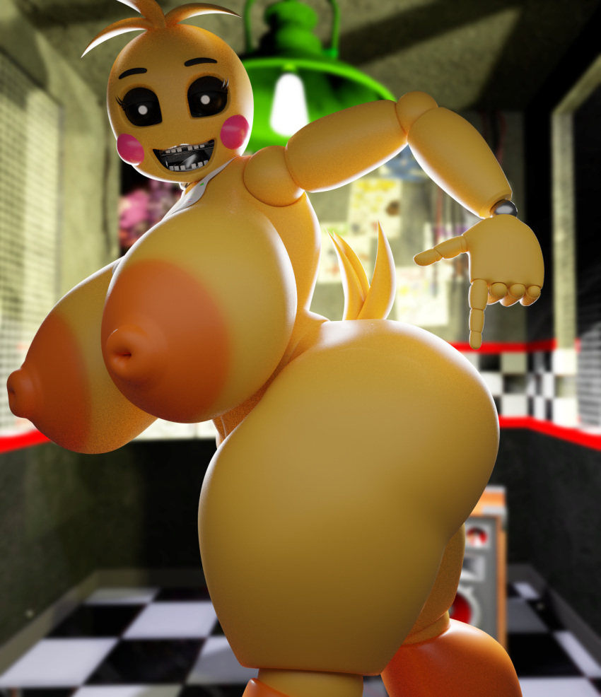 2021 3d_(artwork) animatronic anthro areola avian big_breasts big_butt bird black_sclera blender_(software) breasts butt chicken digital_media_(artwork) female five_nights_at_freddy's five_nights_at_freddy's_2 galliform gallus_(genus) genitals hi_res huge_breasts machine nipples nude orange_areola orange_nipples phasianid pussy robot scottgames solo thick_thighs toy_chica_(fnaf) video_games white_eyes za_barro
