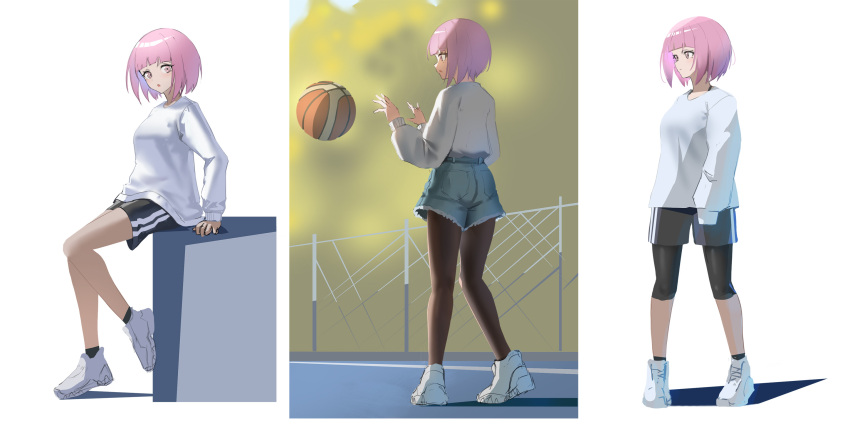 1girl :o bangs basketball black_legwear black_shorts blue_shorts bob_cut brown_legwear closed_mouth highres leggings legwear_under_shorts long_sleeves multiple_views original pantyhose parted_lips pink_eyes pink_hair puffy_long_sleeves puffy_sleeves shirt shoes short_shorts shorts sleeves_past_wrists socks sthk white_footwear white_shirt