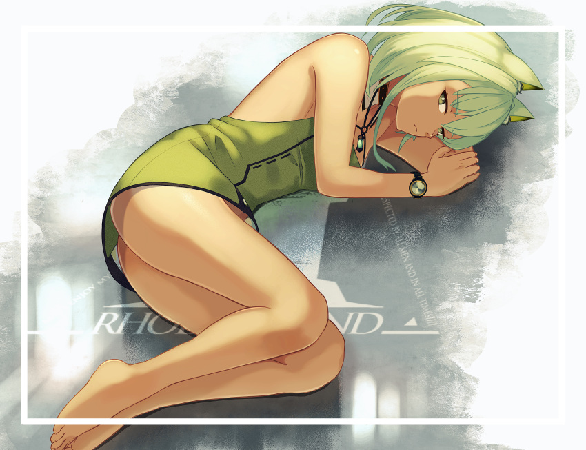 1girl absurdres animal_ear_fluff animal_ears arknights ass bangs bare_legs bare_shoulders barefoot border cat_ears closed_mouth dress eyebrows_visible_through_hair green_dress green_eyes green_hair highres kal'tsit_(arknights) looking_at_viewer lying mutsuki_albino on_side rhodes_island_logo short_dress short_hair sleeveless sleeveless_dress solo watch white_border wristwatch