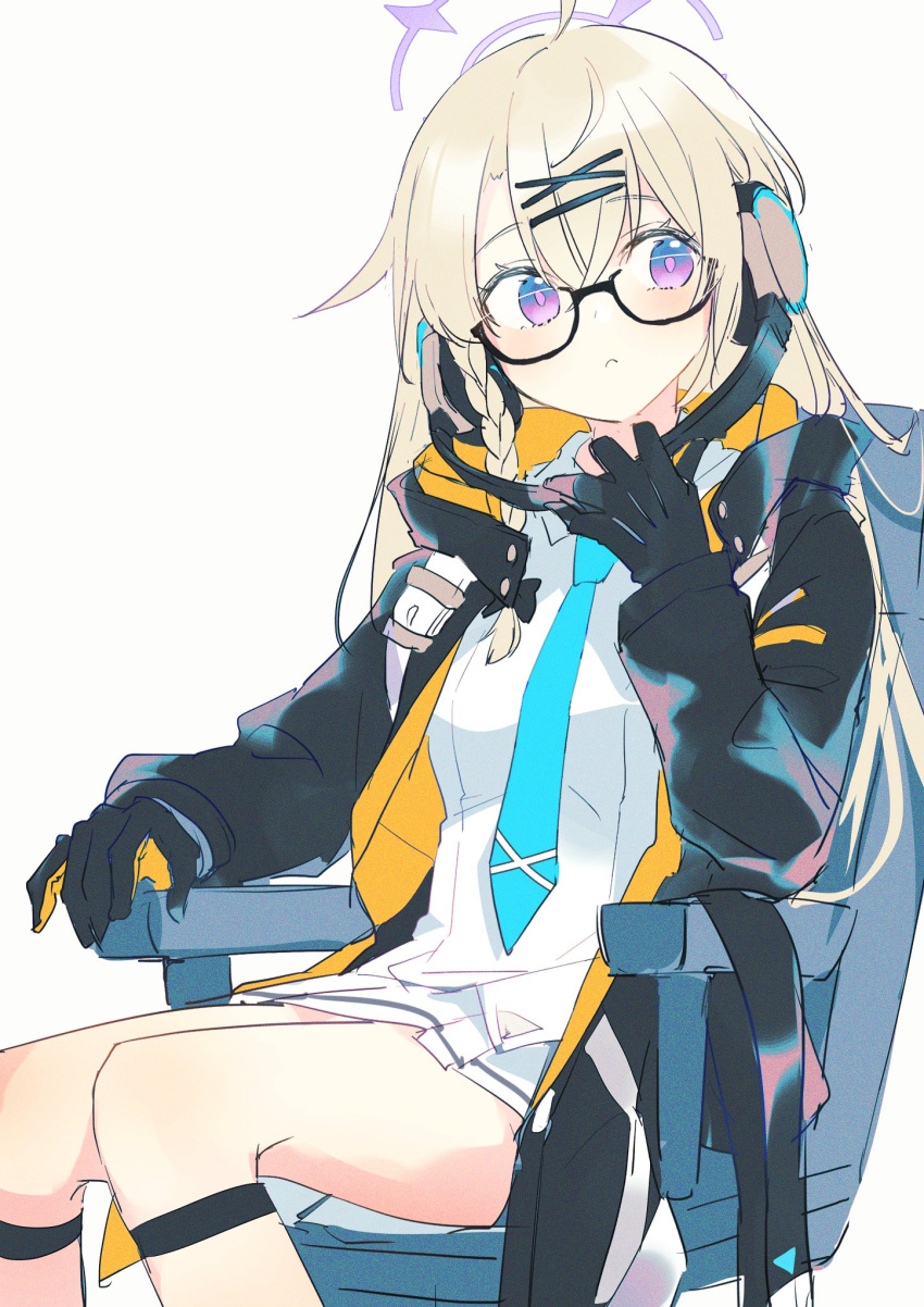 1girl bangs black-framed_eyewear black_gloves black_jacket blue_archive blue_necktie braid chair closed_mouth collared_dress dress feet_out_of_frame glasses gloves hair_between_eyes hair_ornament hairclip halo headphones highres holding holding_headphones hood hooded_jacket jacket kotama_(blue_archive) kyuuri_(miyako) light_blush light_brown_hair long_hair looking_to_the_side multicolored_clothes multicolored_jacket necktie office_chair open_clothes open_jacket orange_gloves orange_jacket purple_eyes simple_background single_braid sitting solo two-tone_gloves two-tone_jacket white_background white_dress