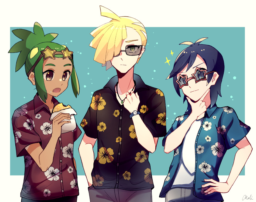 3boys ahoge alternate_costume antenna_hair bangs black_hair brown_eyes brown_shirt buttons chin_stroking collared_shirt commentary_request dark-skinned_male dark_skin eating elio_(pokemon) eyelashes eyewear_on_head floral_print gladion_(pokemon) green_hair hand_on_hip hau_(pokemon) highres holding jewelry malasada male_focus multiple_boys necklace pokemon pokemon_(game) pokemon_sm shirt short_hair short_sleeves sparkle star-shaped_eyewear sunglasses tere_asahi undershirt watch wristwatch