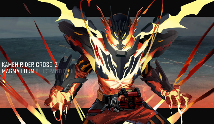 1boy abs armor aura belt black_armor bodysuit build_driver clenched_hands commentary_request cross-z_magma dragon eruption fire glowing glowing_bodysuit glowing_eyes highres jiuri_jiuhao kamen_rider kamen_rider_build_(series) kamen_rider_cross-z magma_knuckle male_focus molten_rock namesake orange_bodysuit pauldrons powering_up shoulder_armor solo western_dragon yellow_eyes