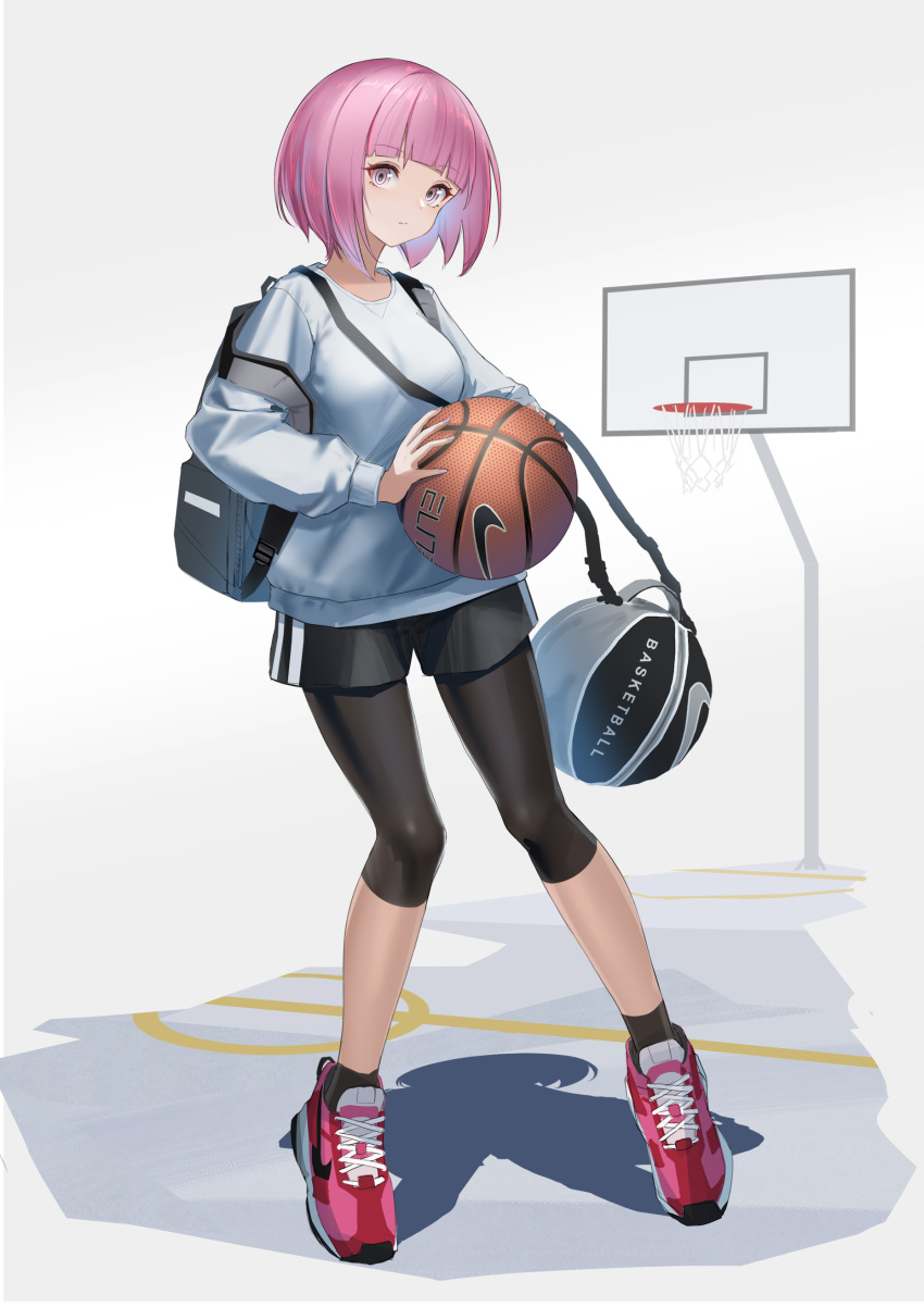 1girl absurdres backpack bag ball bangs basketball basketball_hoop black_legwear black_shorts bob_cut breasts commentary_request eyebrows_visible_through_hair grey_background highres holding holding_ball leggings legwear_under_shorts long_sleeves medium_breasts original pink_eyes pink_hair puffy_long_sleeves puffy_sleeves red_footwear shirt shoes short_hair short_shorts shorts shoulder_bag sneakers socks solo sthk white_shirt