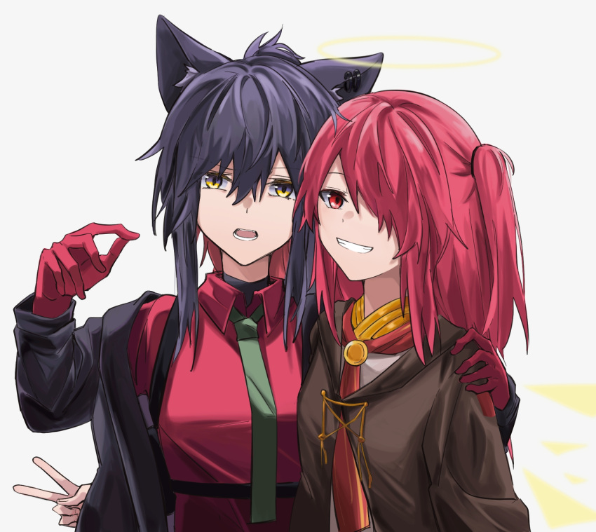 alternate_costume alternate_hair_length alternate_hairstyle animal_ear_fluff animal_ears arknights black_hair black_jacket brown_coat chinese_commentary coat colored_inner_hair commentary_request detached_wings ear_piercing energy_wings exusiai_(arknights) eyebrows_visible_through_hair gloves green_necktie hair_over_one_eye halo hand_on_another's_shoulder hibioes highres jacket long_hair multicolored_hair necktie open_clothes open_jacket open_mouth piercing ponytail red_eyes red_gloves red_hair red_shirt shirt side_ponytail smile teeth texas_(arknights) texas_(willpower)_(arknights) v wings wolf_ears wolf_girl yellow_eyes