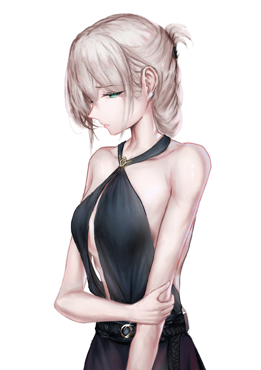 1girl absurdres an-94_(girls'_frontline) an-94_(silent_rouge)_(girls'_frontline) aqua_eyes bangs bare_shoulders black_dress blonde_hair breasts closed_mouth collarbone crossed_arms dress earrings eyebrows_visible_through_hair girls'_frontline hair_between_eyes hair_ornament highres jewelry lips long_hair looking_to_the_side nose official_alternate_costume small_breasts solo standing white_background xuanren69
