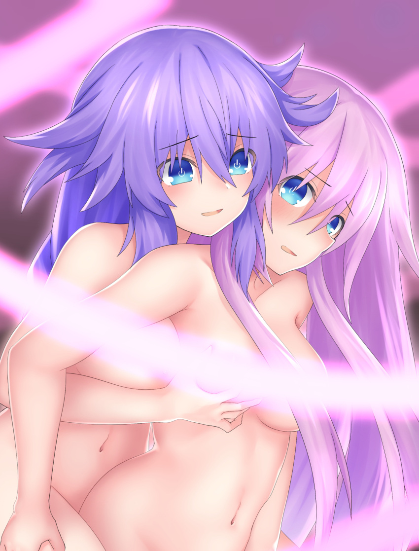 2girls blue_eyes blush braid breast_grab breasts grabbing highres katade large_breasts long_hair looking_at_viewer multiple_girls navel neptune_(series) nude power_symbol purple_hair purple_heart purple_sister reward_available siblings sisters symbol-shaped_pupils