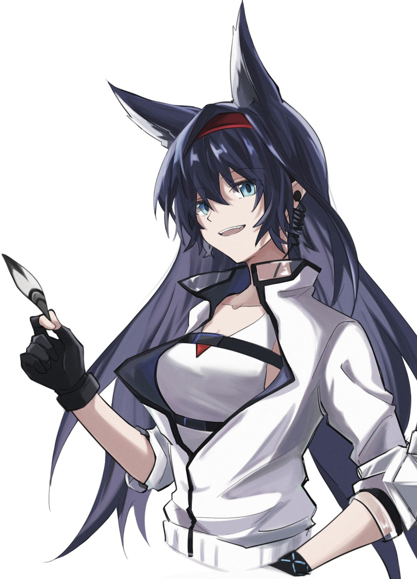 1girl animal_ears arknights black_hair blaze_(arknights) blue_eyes cat_ears chest_belt chest_strap chinese_commentary collarbone commentary_request earpiece eyebrows_visible_through_hair feathers framed_breasts hairband hibioes highres infection_monitor_(arknights) jacket long_hair open_mouth red_hairband see-through solo tank_top teeth white_jacket white_tank_top