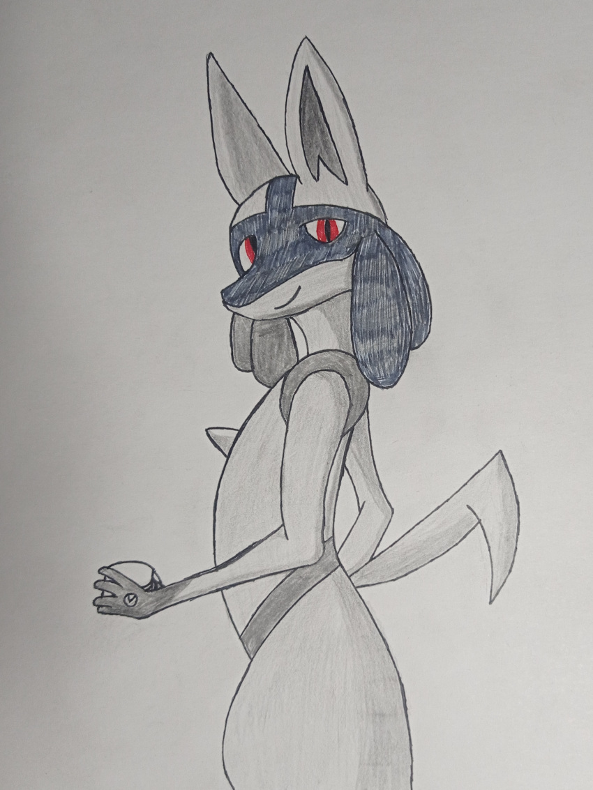 5_fingers absurd_res anthro fingers graphite_(artwork) half_body hi_res holding_object looking_at_viewer lucario male marker_(artwork) nintendo pencil_(artwork) perritu pok&eacute;mon pok&eacute;mon_(species) tradicional_art traditional_media_(artwork) video_games