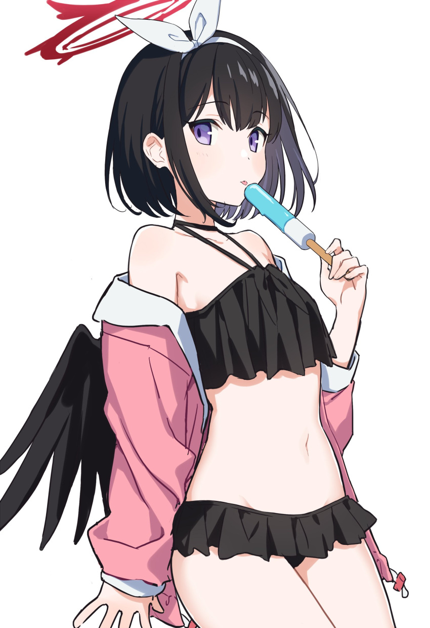 1girl absurdres bangs bikini black_bikini black_hair black_wings blue_archive bow bow_hairband cowboy_shot eyebrows_visible_through_hair food frilled_bikini frills hairband halo highres holding holding_food jacket jacket_over_swimsuit light_blush looking_at_viewer mashiro_(blue_archive) midriff navel off_shoulder official_alternate_costume open_clothes open_jacket pink_jacket popsicle purple_eyes renshuchou short_hair simple_background solo swimsuit tongue tongue_out white_background white_bow white_hairband wings