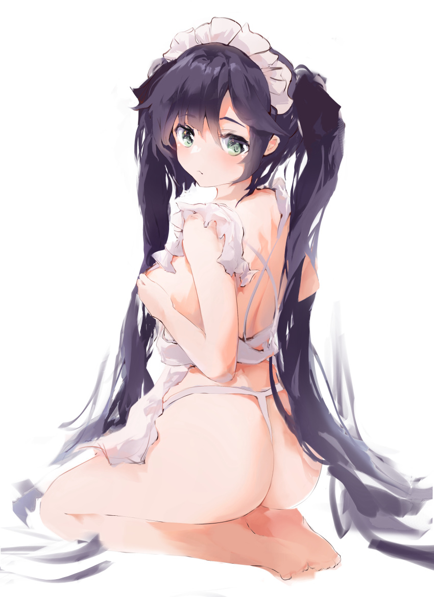 1girl absurdres apron ass bangs barefoot black_hair breast_lift breasts commentary dress feet frilled_dress frills from_behind full_body genshin_impact green_eyes highres long_hair looking_at_viewer looking_back maid maomoking medium_breasts mona_(genshin_impact) nearly_naked_apron panties seiza simple_background sitting solo symbol-only_commentary thong twintails underwear very_long_hair white_apron white_background white_panties