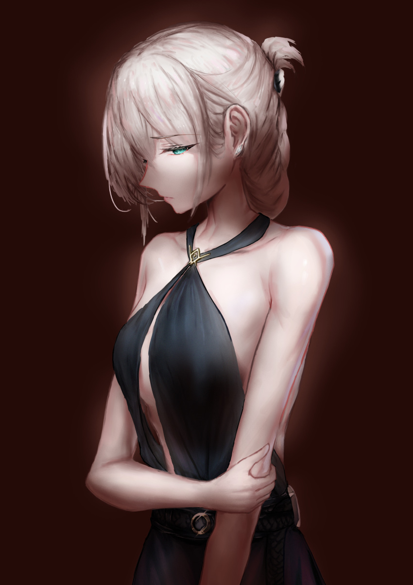 1girl absurdres an-94_(girls'_frontline) an-94_(silent_rouge)_(girls'_frontline) aqua_eyes bangs bare_shoulders black_dress blonde_hair breasts closed_mouth collarbone crossed_arms dress earrings eyebrows_visible_through_hair girls'_frontline hair_between_eyes hair_ornament highres jewelry lips long_hair looking_to_the_side nose official_alternate_costume red_background small_breasts solo standing xuanren69