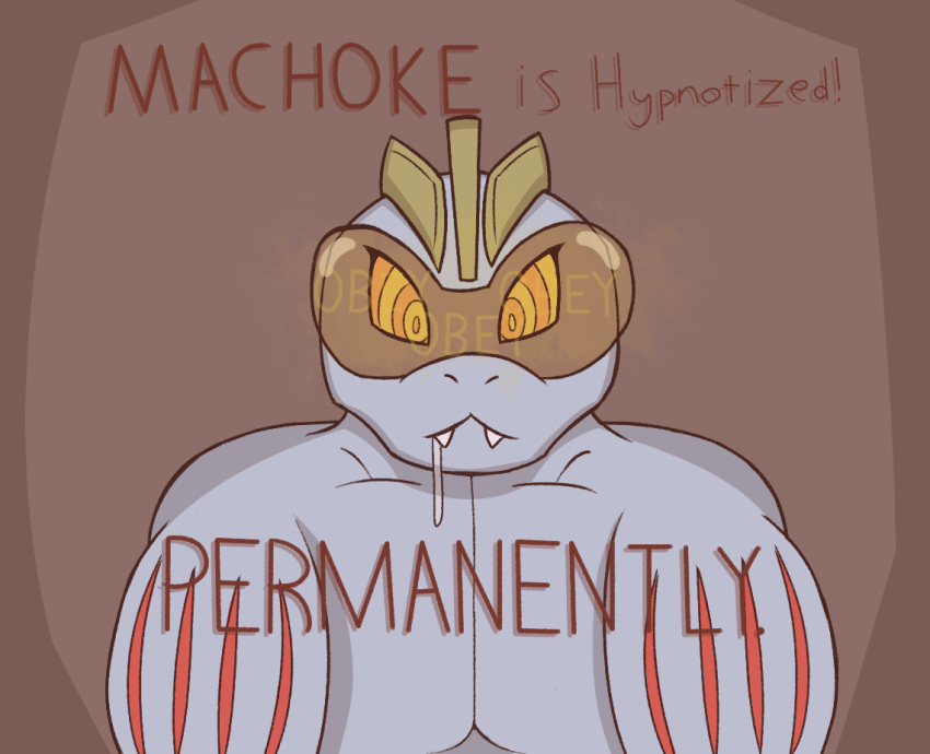 anthro bodily_fluids drooling hypnocatto hypnosis hypnotic_eyes hypnotic_visor looking_at_viewer machoke male mind_control muscular nintendo permanent pok&eacute;mon pok&eacute;mon_(species) saliva solo teeth_showing text video_games