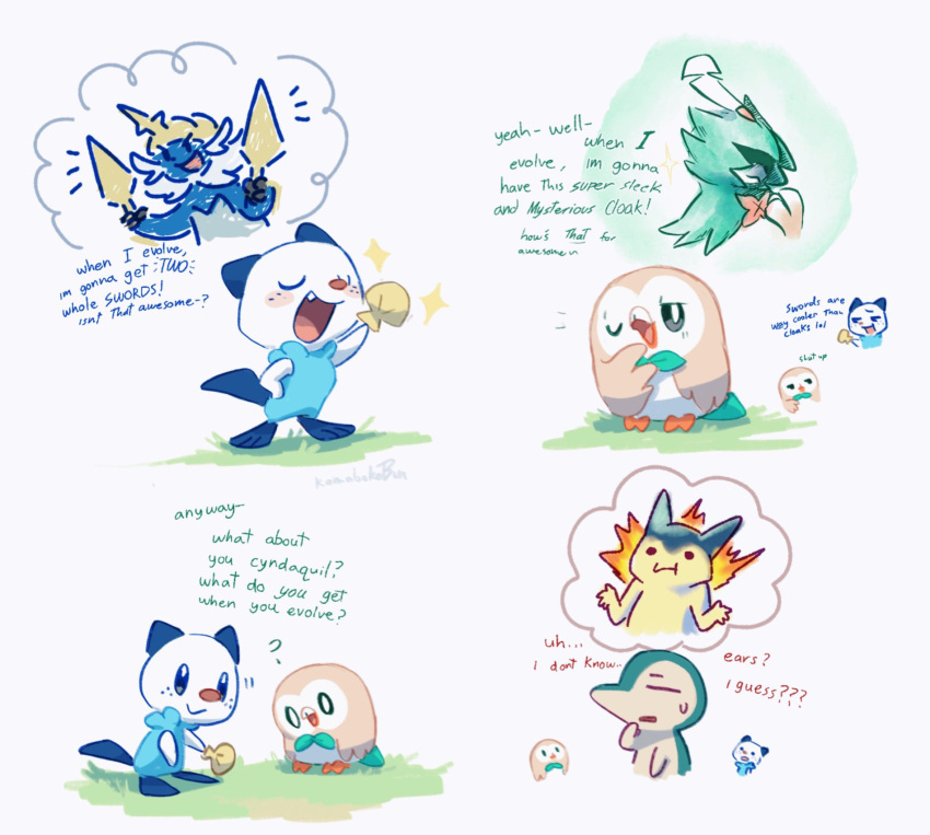 2022 ? ambiguous_gender artist_name avian bird cyndaquil decidueye dialogue eyes_closed feral grass group hi_res kamabokobun mammal nintendo open_mouth oshawott plant pok&eacute;mon pok&eacute;mon_(species) rowlet samurott simple_background text typhlosion video_games white_background