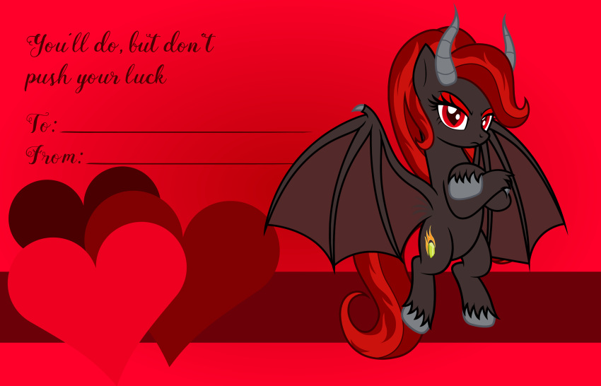 &lt;3 badumsquish bat_wings cutie_mark demon english_text equid equine eyeshadow female hair hasbro hi_res holidays hooves horn kim_stone_(oc) makeup mammal membrane_(anatomy) membranous_wings my_little_pony red_eyes red_eyeshadow red_hair text valentine's_day valentines_day_card wings