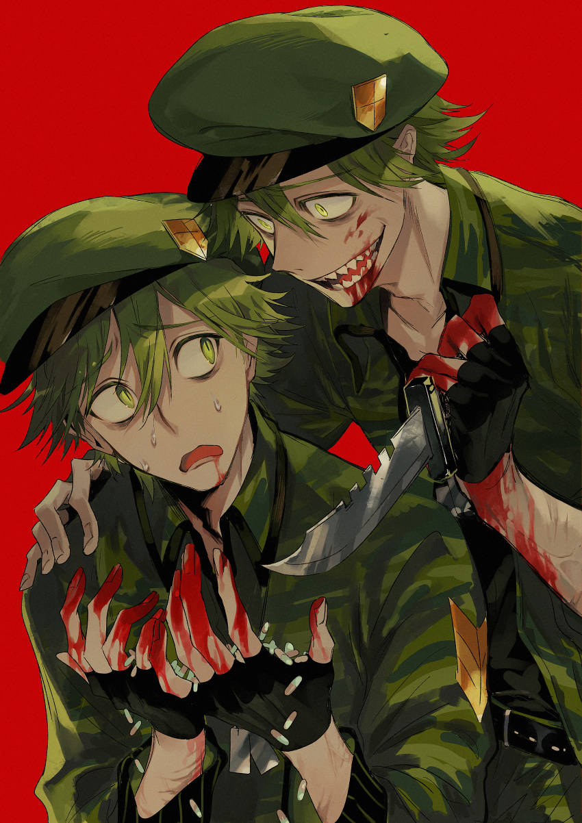 2boys absurdres blood blood_from_mouth blood_on_hands camouflage camouflage_headwear camouflage_jacket crazy dagger emblem flippy_(happy_tree_friends) gloves green_eyes green_hair green_shirt hand_on_shoulder happy_tree_friends hat highres humanization jacket knife looking_at_another military military_hat military_uniform multiple_boys nervous open_mouth personification pill red_background remon101121 sharp_teeth shirt short_hair sweat teeth uniform weapon woodland_camouflage