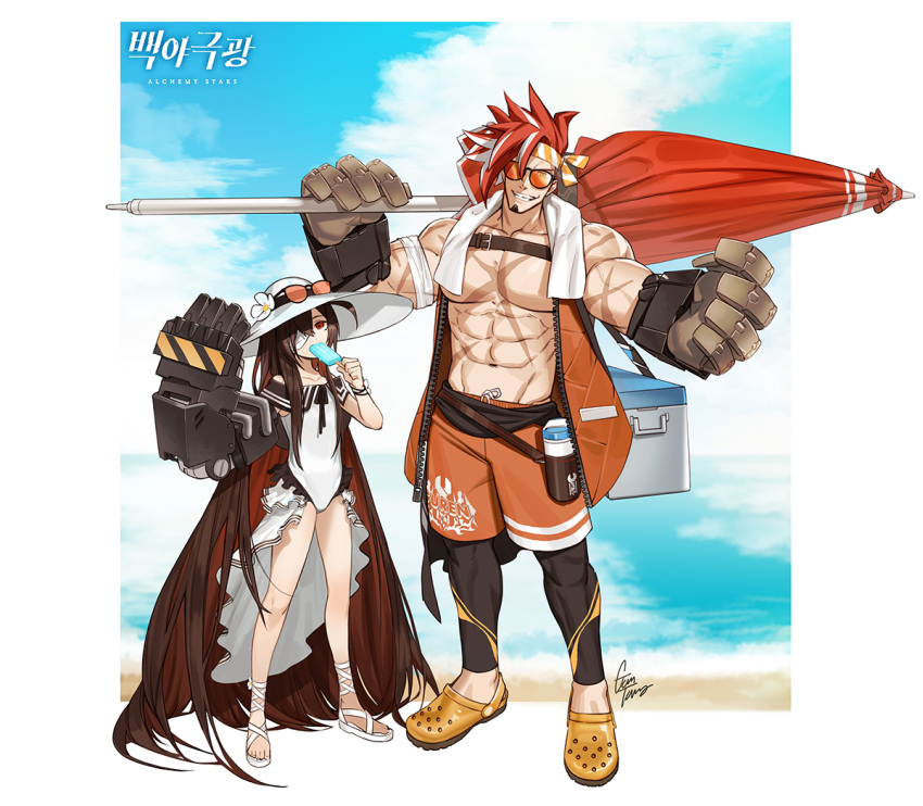 1boy 1girl abs ahoge alchemy_stars bandage_over_one_eye bandages bangs black_hair colored_inner_hair commentary_request eve_(alchemy_stars) facial_hair gomtang headband large_pectorals long_hair looking_at_viewer mechanical_arms multicolored_hair open_mouth pectorals red_eyes red_hair single_mechanical_arm sinsa_(alchemy_stars) smile very_long_hair white_hair