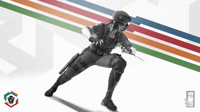 1girl beret black_footwear black_hair black_headwear black_skin bodysuit boots caveira_(rainbow_six_siege) colored_skin english_commentary facepaint fighting_stance fingerless_gloves gloves grey_bodysuit grey_headwear hair_behind_ear hat highres holding holding_knife ifragmentix knife leaning_forward looking_to_the_side pale_skin rainbow_six_siege shadow smile solo