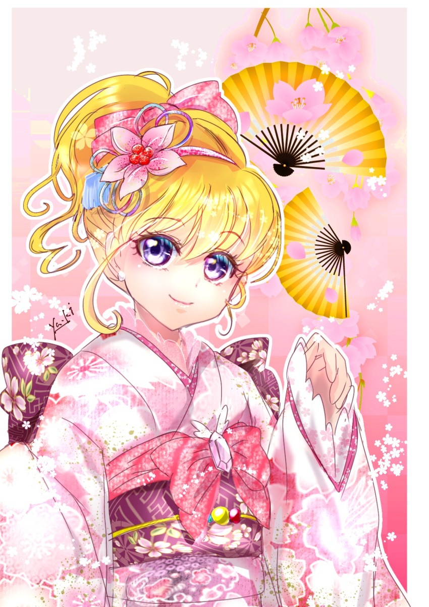 1girl back_bow blonde_hair border bow closed_mouth cure_miracle eyelashes floral_print flower hair_bow hair_flower hair_ornament hairband highres japanese_clothes kimono long_hair long_sleeves looking_at_viewer mahou_girls_precure! manekineko5319 obi outline pink_bow pink_flower pink_hairband precure print_kimono purple_bow purple_eyes sash signature sketch smile solo tied_hair upper_body white_border white_kimono wide_sleeves yukata