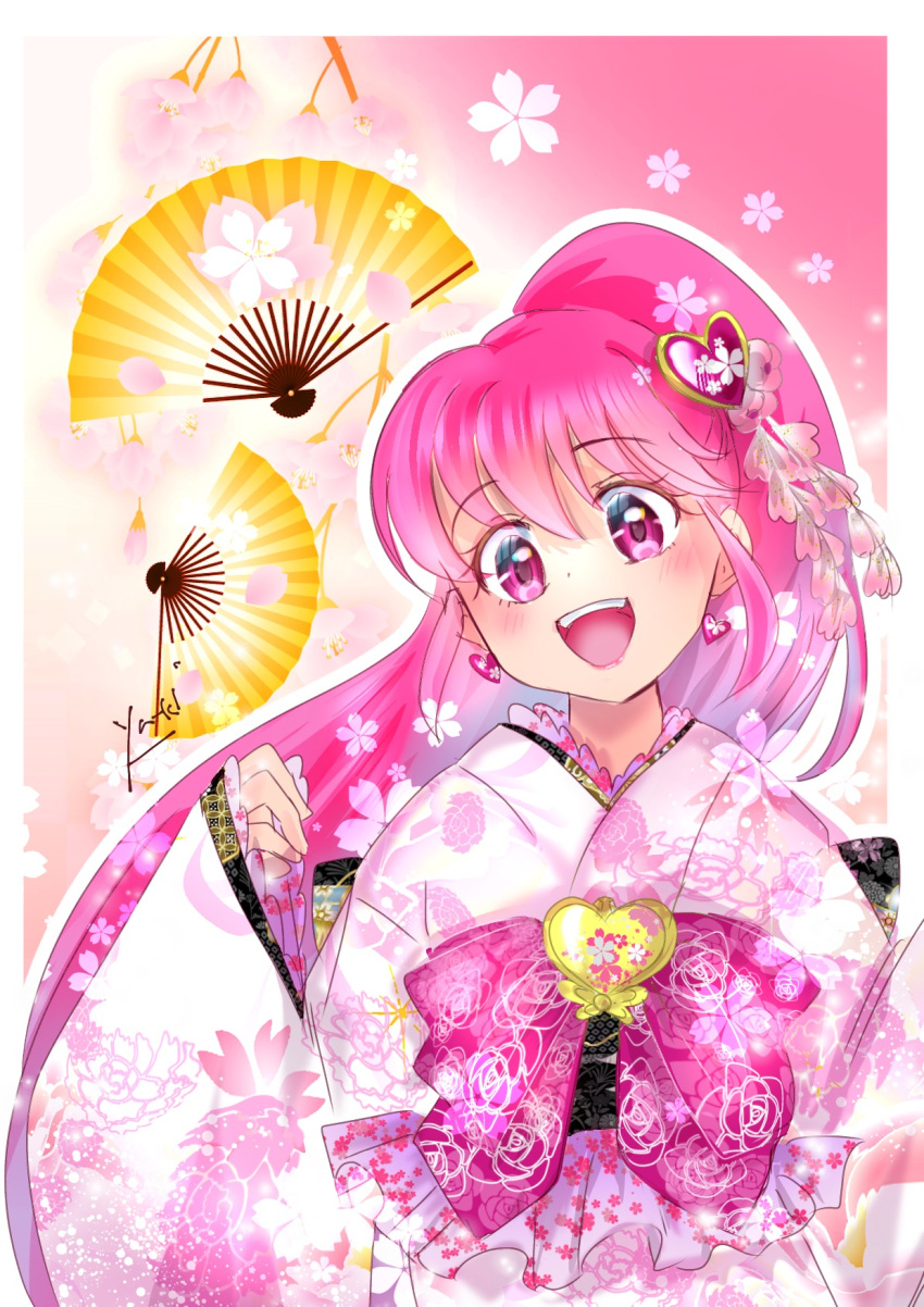 1girl :d bangs blush border cure_lovely earrings eyebrows_visible_through_hair floating_hair floral_print hair_between_eyes happinesscharge_precure! heart heart_earrings highres japanese_clothes jewelry kimono long_hair long_sleeves manekineko5319 open_mouth outline pink_eyes pink_hair precure print_kimono signature sleeves_past_wrists smile solo upper_body very_long_hair white_border white_kimono wide_sleeves