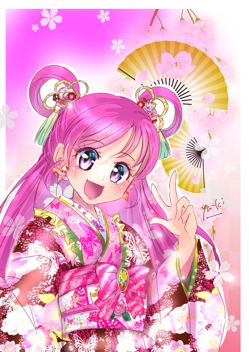 1girl :d animal_print bangs border butterfly_earrings butterfly_print cure_dream earrings eyebrows_visible_through_hair eyelashes highres japanese_clothes jewelry kimono long_hair long_sleeves manekineko5319 open_mouth outline pink_hair precure purple_eyes shiny shiny_hair signature smile solo tied_hair upper_body very_long_hair w white_border wide_sleeves yes!_precure_5 yukata