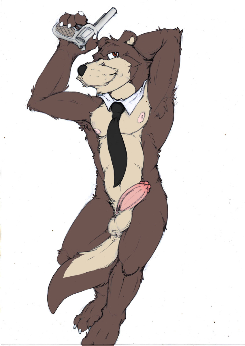 2022 anthro balls benson_(password) biped black_nose brown_body dakimakura_design erection genitals hi_res hopelesshighschool humanoid_genitalia humanoid_hands humanoid_penis lutrine male mammal mature_male mostly_nude mustelid necktie necktie_only nipples password_(visual_novel) penis simple_background solo video_games visual_novel weapon white_background