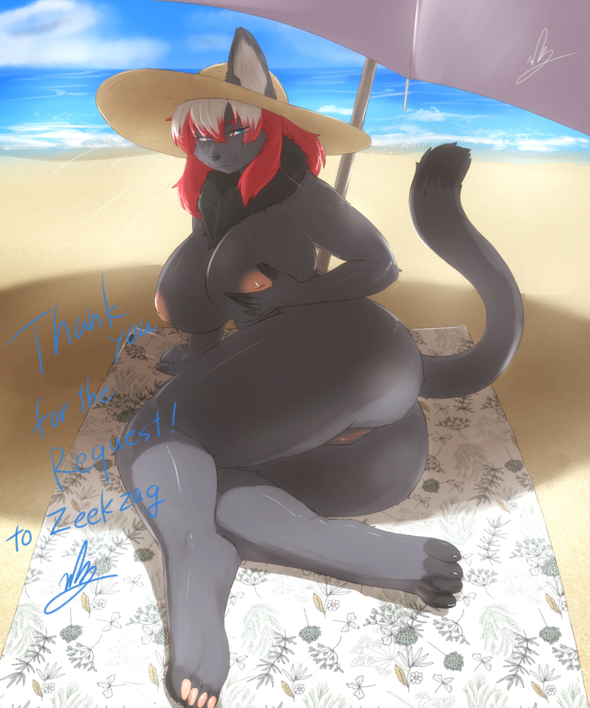 anthro beach big_breasts blue_eyes breasts butt casual_exposure casual_nudity clothing digital_media_(artwork) digitigrade domestic_cat felid feline felis female fur genitals grey_body grey_fur hair hat headgear headwear hi_res huge_breasts inner_ear_fluff inverted_nipples looking_at_viewer mammal nakamula neck_tuft nipples nude_beach outside presenting presenting_hindquarters presenting_pussy pussy red_hair sea seaside shaded smile solo straw_hat sun_hat trigger_(zkelle) tuft umbrella water