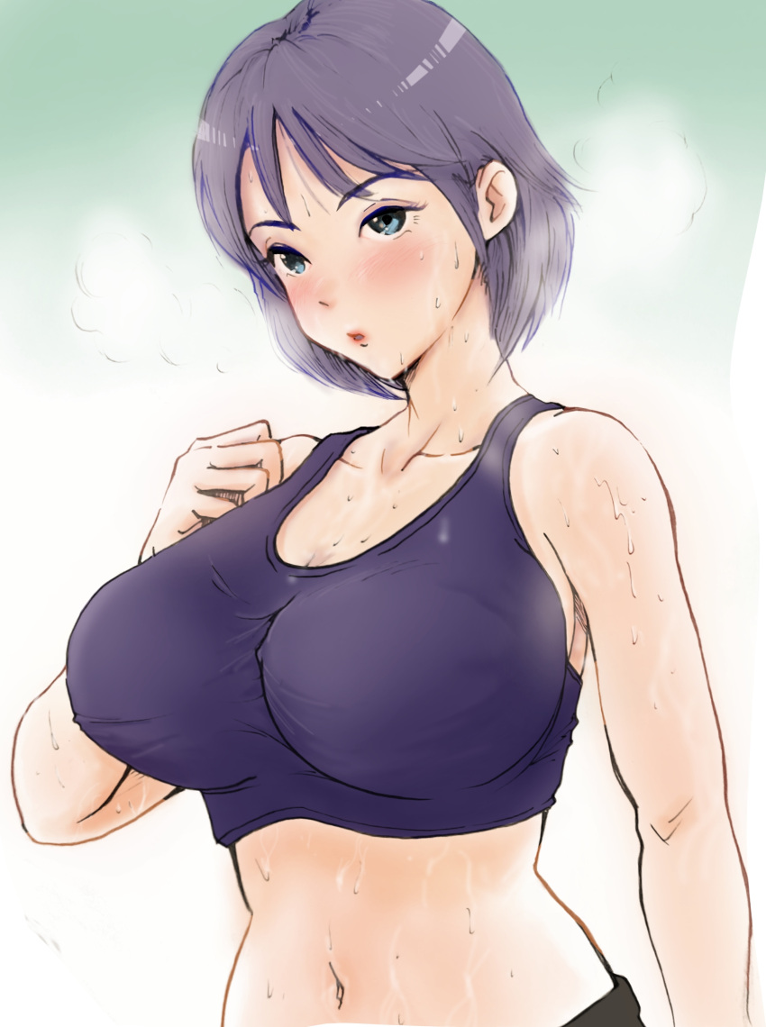 1girl arm_on_shoulder bangs blush breasts collarbone green_eyes highres large_breasts looking_at_viewer midriff migan_chengren navel original purple_hair purple_sports_bra short_hair simple_background sports_bra steam sweat tank_top wet