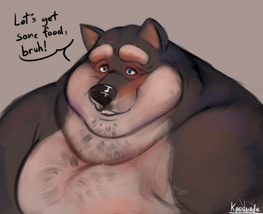 anthro black_body black_fur canid canine canis chubby_cheeks dewlap_(anatomy) dialogue domestic_dog double_chin english_text fur hi_res karrnade looking_at_viewer male mammal obese obese_anthro obese_male overweight overweight_anthro overweight_male shiba_inu smile solo spitz talking_to_viewer text