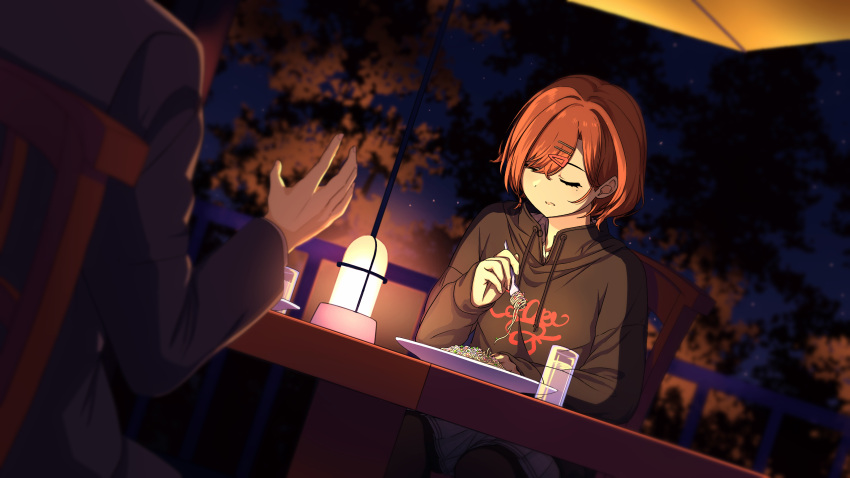 1boy 1girl absurdres blurry blurry_background blurry_foreground brown_hair closed_eyes dutch_angle food fork hair_ornament hairclip head_out_of_frame highres higuchi_madoka idolmaster idolmaster_shiny_colors kaede_(harutan109) mole mole_under_eye night night_sky noodles outdoors pasta restaurant short_hair sky spaghetti sweatshirt